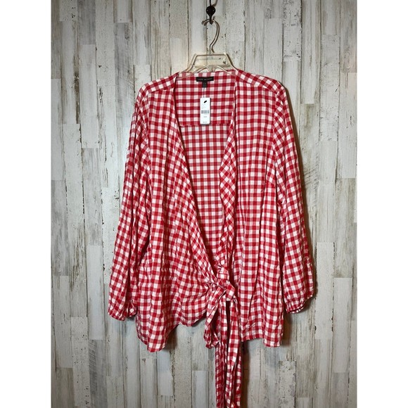 NEW Lane Bryant Womens 26/28 Red Gingham Long Sleeve Wrap Top Blouse Shirt - Picture 2 of 4